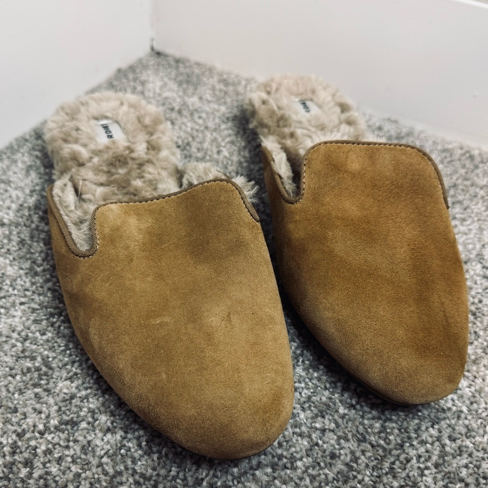 Birdies Slippers Womens The Phoebe Mules Brown Leather Flat Faux Fur Lined